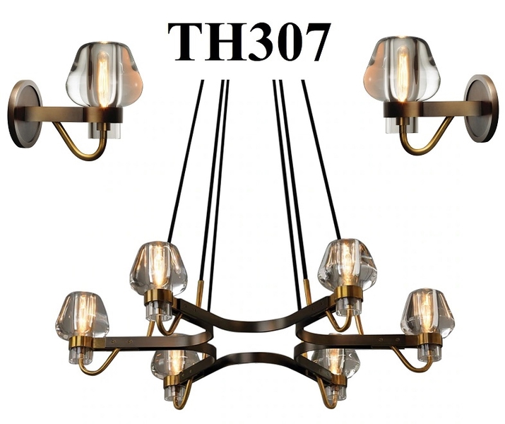 Đèn thả thân sắt mạ đồng chao thủy tinh khói của TH307, E14 x 08, KT(mm): H650 x D1150